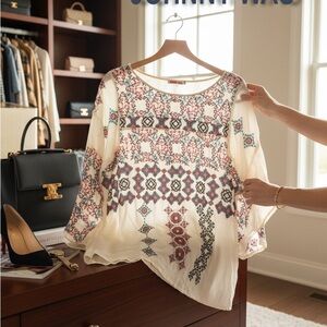 Johnny Was Ivory Tunic with Multicolor Embroidered Geometric Motif BRAND NEW!